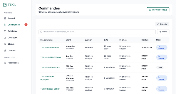 Gestion des commandes Tekil : liste des commandes, recherche, filtres et statuts de livraison